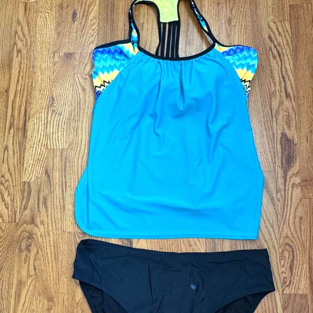 Zeroxposur Women's Blue and Black Bikinis-and-Tankini Set w/ "overtop"